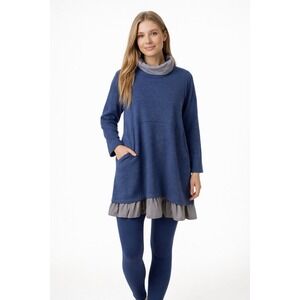 Mordenmiss High Low Knit Sweater Shirt Dress Size M Blue Lagen Look Cowl neck